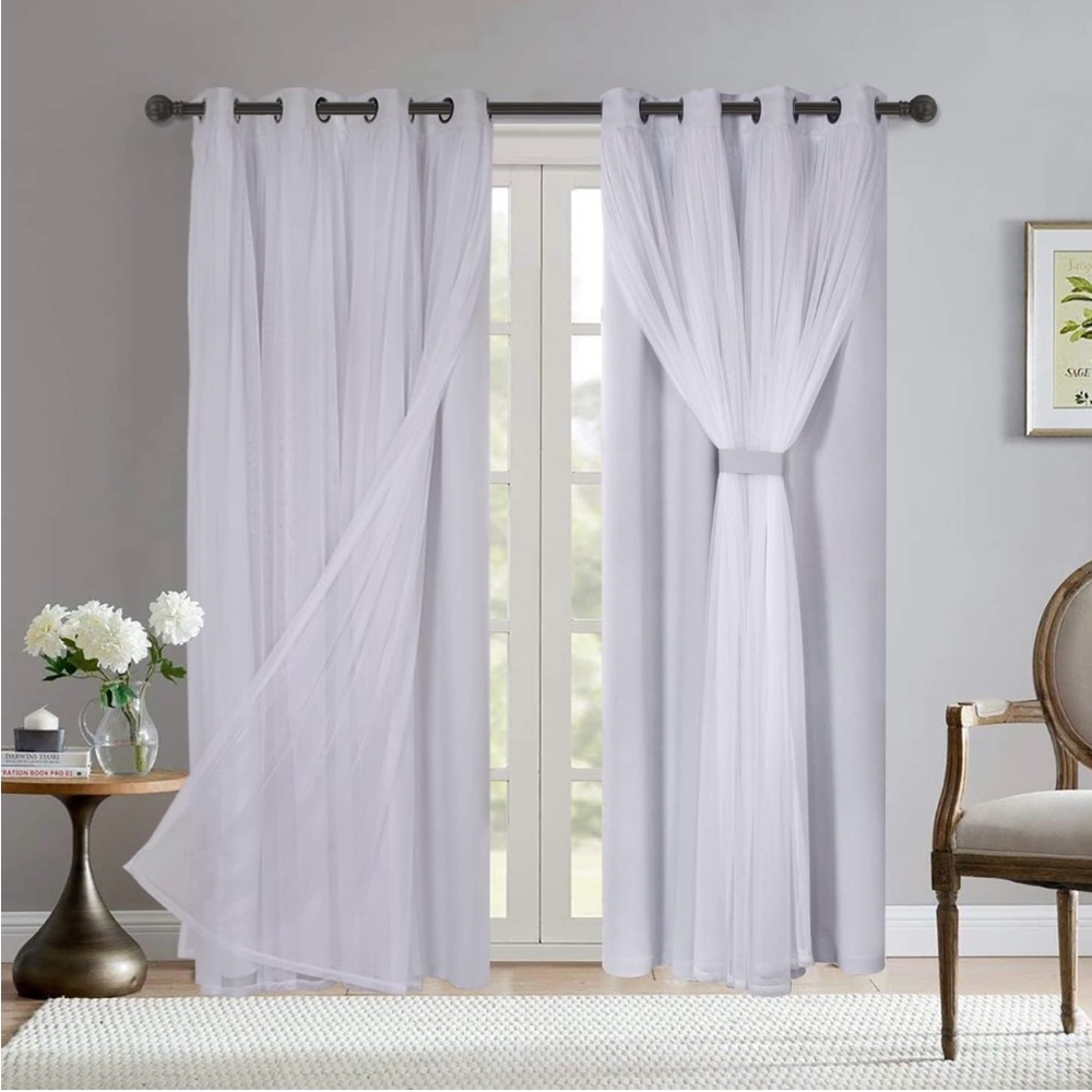 Double-Layered Curtains with WhiteSheer Voile,WhiteGreyish,52x84 Set of 2 Panels
